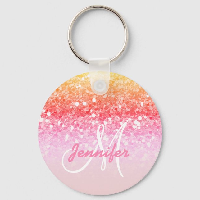 Girly Rosa Rainbow Glitter Sparkles Monogram Namn Nyckelring (Framsida)