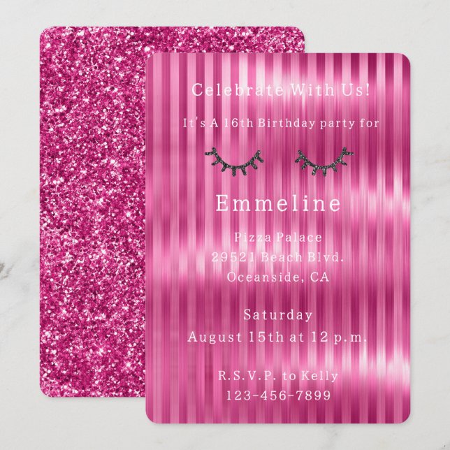 Girly Rosa Rand Glitzy Black Glitter Eyelash Inbjudningar (Fram/baksida)