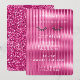 Girly Rosa Rand Glitzy Black Glitter Eyelash Inbjudningar