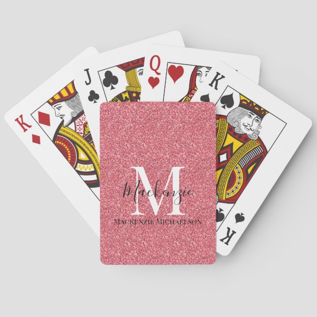 Girly Rosa Red Glitter Monogram Namn Casinokort (Baksidan)