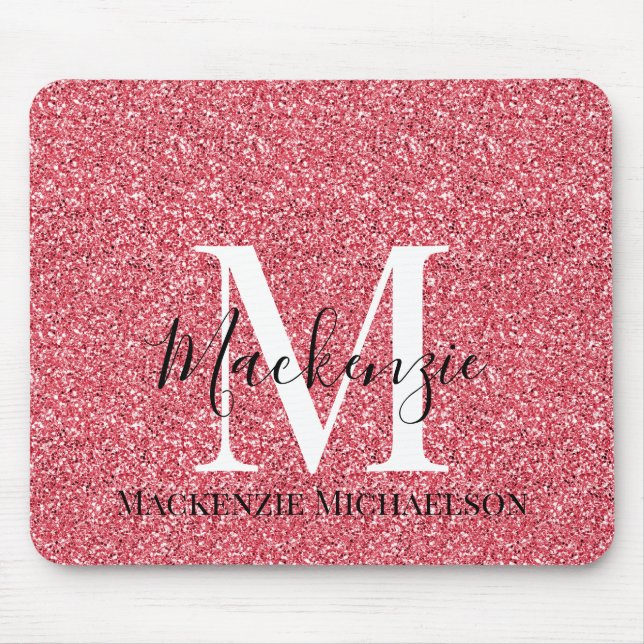 Girly Rosa Red Glitter Monogram Namn Musmatta (Framsidan)