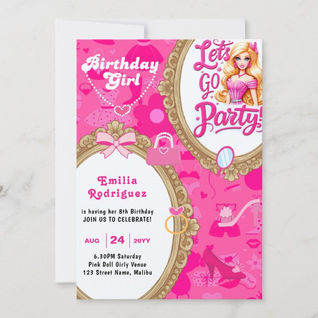 Girly Rosa Retro Doll Låt oss Gå Party födelsedage Inbjudningar (Framsida)
