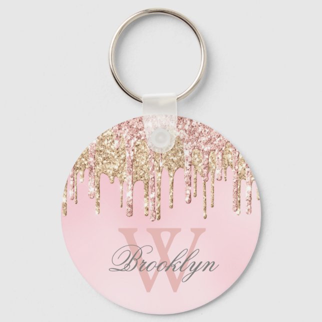 Girly  Rosa ros Guld Glitter driver Monogram Nyckelring (Framsida)