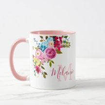 Girly  Rosa ros Namn Monogram Mugg