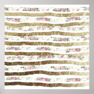 Girly Rosa ros och Faux Guld Brushstrokes Poster