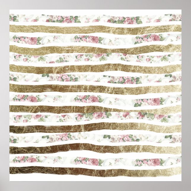 Girly Rosa ros och Faux Guld Brushstrokes Poster (Framsidan)