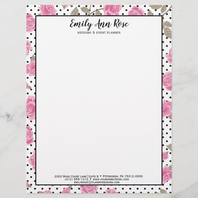 Girly Rosa ros Script Girly Blommigt Stationary Brevhuvud (Framsida)