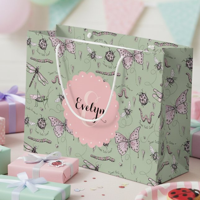 Girly  Rosa & Sage Sweet Little Critter Namn (Cute Insects & Beetles Pink & Green Gift Bags. Colorful Bugs Gift Wrap 4 Girl Baby Shower, Birthday)