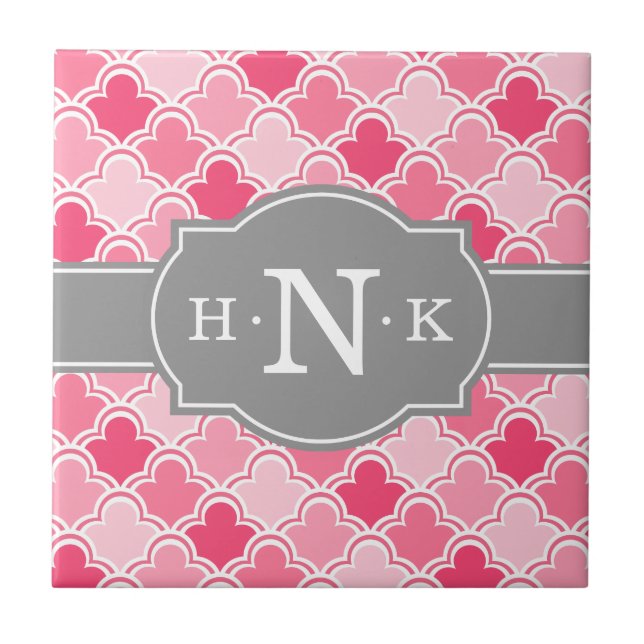 Girly Rosa Scallop Mönster Grått Monogram Kakelplatta (Framsidan)