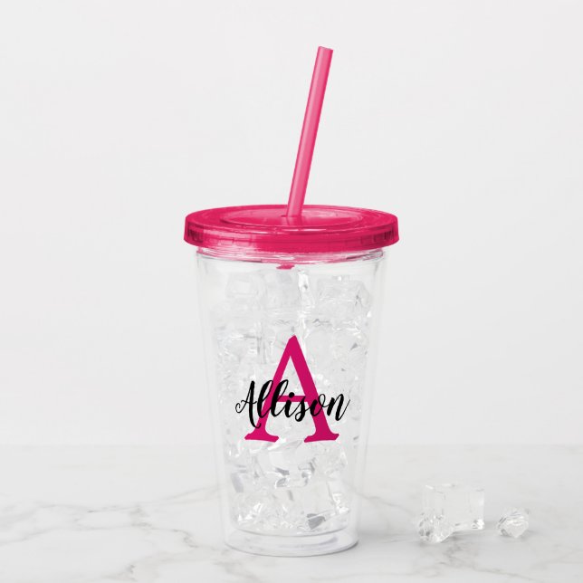 Girly Rosa Script Personlig Monogram  Take Away Mugg (Baksida Ice)