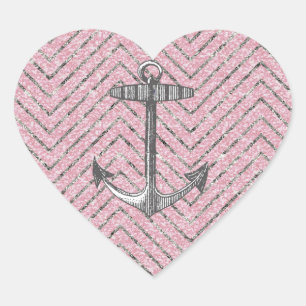 Girly Rosa Silver Glitter Chevron Mönster Anchor Hjärtformat Klistermärke
