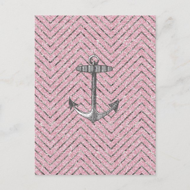 Girly Rosa Silver Glitter Chevron Mönster Anchor Vykort (Framsida)