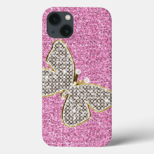 Girly Rosa Silver Glitter Diamonds Butterfly