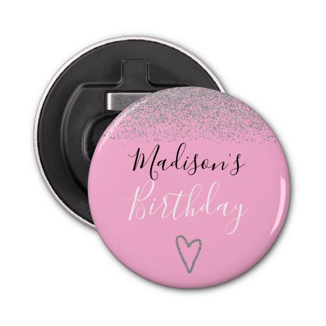 Girly Rosa Silver Glitter Sparkles Heart Birthday Flasköppnare (Framsidan)