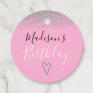 Girly Rosa Silver Glitter Sparkles Heart Birthday Gåvor Etiketter