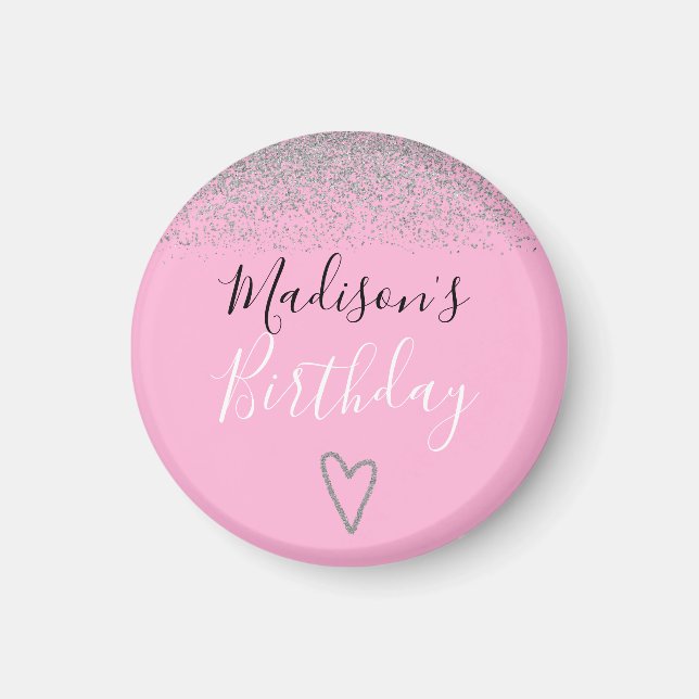 Girly Rosa Silver Glitter Sparkles Heart Birthday Magnet (Framsidan)