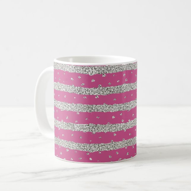 Girly Rosa Silver Sparkly Confetti Rand Kaffemugg (Framsida vänster)