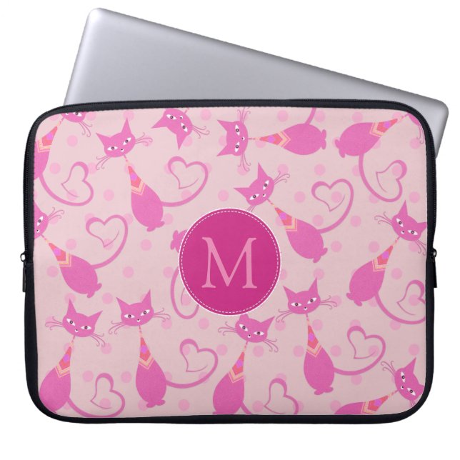 Girly Rosa Sleek Cat Mönster Monogram Laptop Fodral (Framsidan)