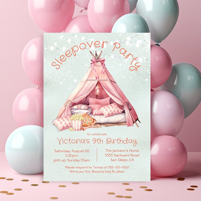 Girly Rosa Sleepover Glamping Tält Birthday Inbjudningar (Skapare uppladdad)