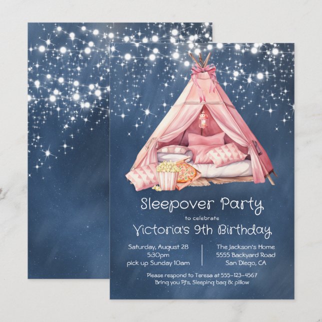 Girly Rosa Sleepover Glamping Tält Birthday Inbjudningar (Fram/baksida)