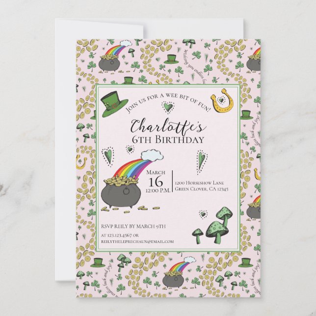 Girly Rosa St patricks day Barns födelsedag Inbjudningar (Framsida)