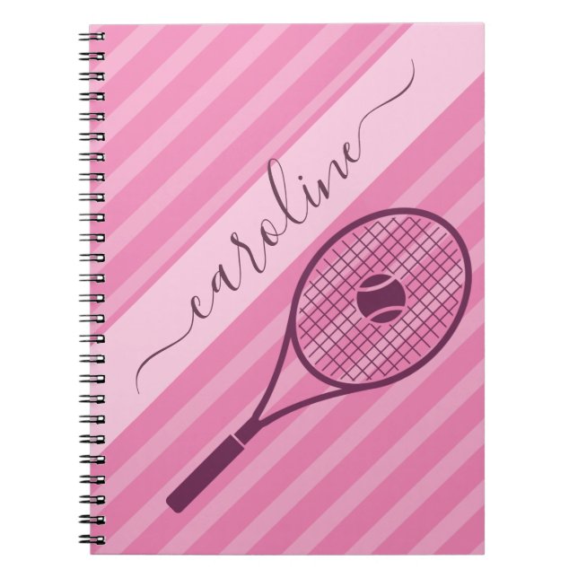 Girly Rosa Stripe Tennis Racket Boll Players Namn Anteckningsbok (Framsidan)