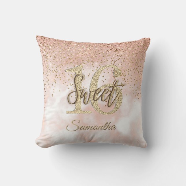 Girly Rosa Sweet 16 Birthday Ro Guld Glitter Kudde (Framsida)
