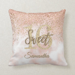 Girly Rosa Sweet 16 Birthday Ro Guld Glitter Kudde
