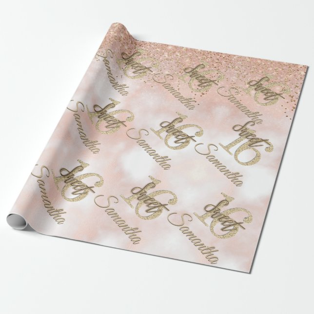 Girly Rosa Sweet 16 Birthday Ro Guld Glitter Presentpapper (Utrullad)