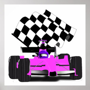 Girly Rosa Tävling-bil med kontrollerad Flagga Poster