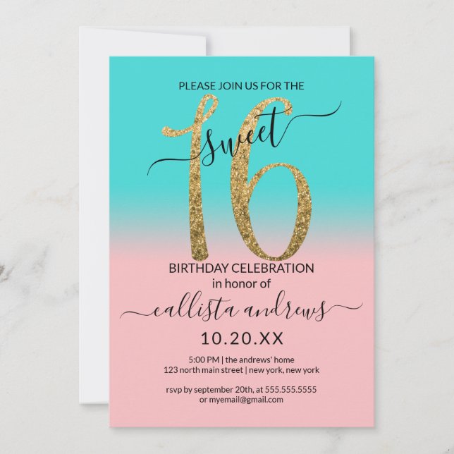 Girly Rosa Teal Guld Glitter Ombre Sweet 16 Inbjudningar (Framsida)