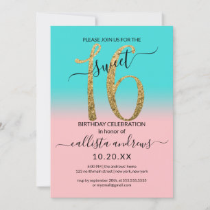 Girly Rosa Teal Guld Glitter Ombre Sweet 16 Inbjudningar