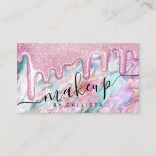 Girly Rosa Teal Pearl Opal Glitter Drips Makeup Visitkort