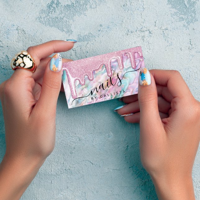 Girly Rosa Teal Pearl Opal Glitter Drips Nagel Visitkort (Skapare uppladdad)