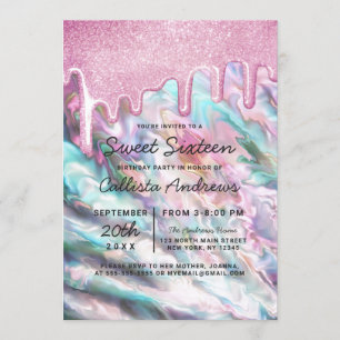 Girly Rosa Teal Pearl Opal Glitter Drips Sweet 16 Inbjudningar