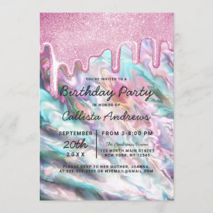 Girly Rosa Teal Pearl Opal Glitter Drives Birthday Inbjudningar