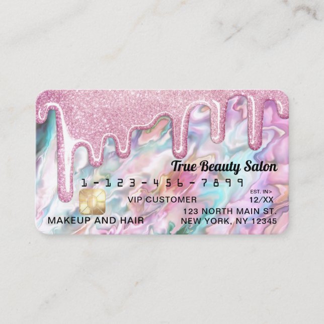 Girly Rosa Teal Pearl Opal Glitter Drives Kredit Visitkort (Framsida)