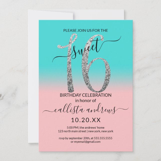 Girly Rosa Teal Silver Glitter Ombre Sweet 16 Inbjudningar (Framsida)