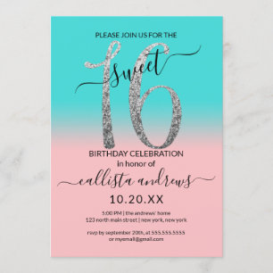 Girly Rosa Teal Silver Glitter Ombre Sweet 16 Inbjudningar