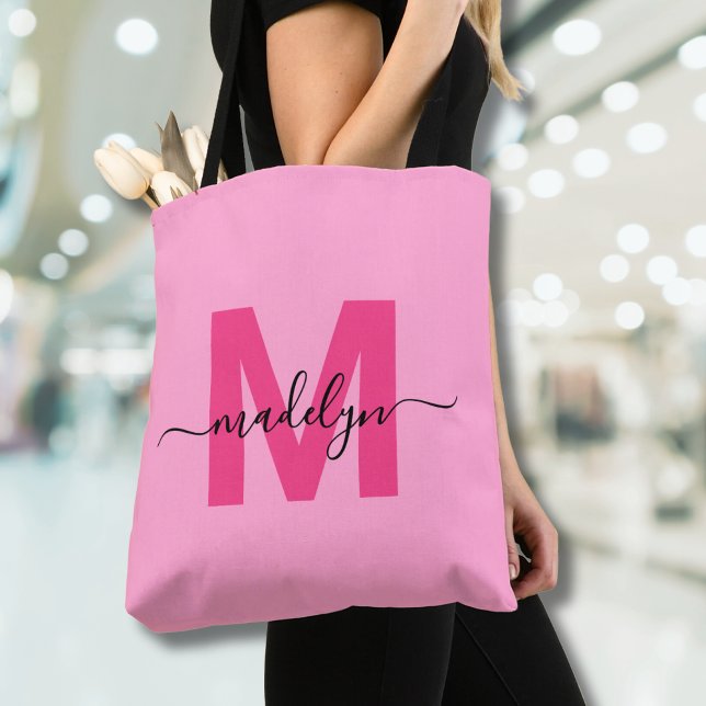 Girly Rosa Trendig Modern Script Namn Monogram Tygkasse (Girly Pink Trendy Modern Script Name Monogram Tote Bag)