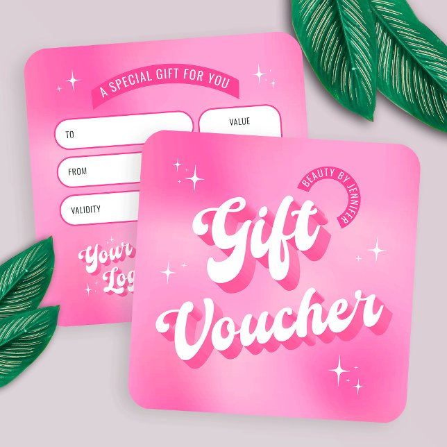Girly Rosa Trendig Retro Nagel Beauty Spa Gift Car Fyrkantigt Visitkort (Trendy girly pink gift card with groovy fonts and space for your logo)