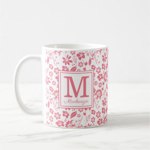 Girly Rosa Tropical Flowers Monogram Kaffemugg