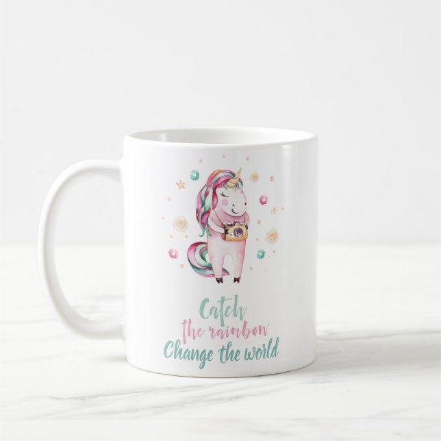 Girly Rosa Unicorn Photo Kaffemugg (Vänster)
