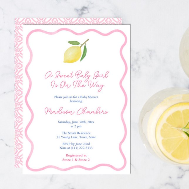 Girly Rosa Vågigt Lemon Sweet Flicka Shower Inbjudningar (Sweet Baby Girl Pink citrus shower invitation cards with vintage pink tile backer and wavy border)