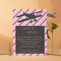 Girly Rosa Vintage Flygplan Birthday Inbjudan