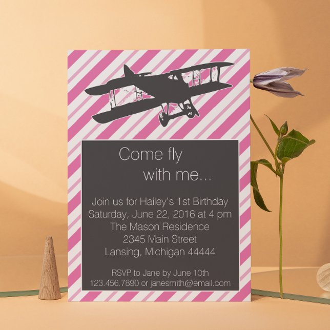 Girly Rosa Vintage Flygplan Birthday Inbjudan (Skapare uppladdad)