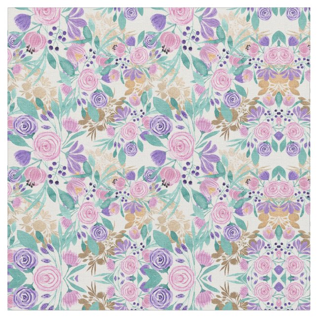 Girly Rosa Violet Lila Guld Watercolor Flowers Tyg (Närbild)
