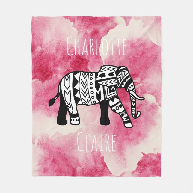 Girly Rosa Watercolor Black & White Tribe Elephant Fleecefilt (Framsidan)