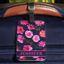Girly Rosa Watercolor Blommigt Personlig Namn Bagagebricka