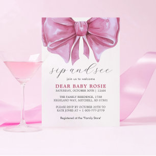 Girly Rosa Watercolor Bow Baby Shower Sip och Se Inbjudningar